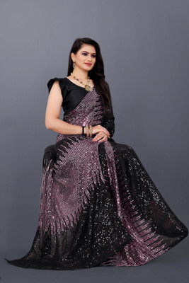 DDRS Fashion Embroidered Bollywood Georgette Saree(Black, Purple)