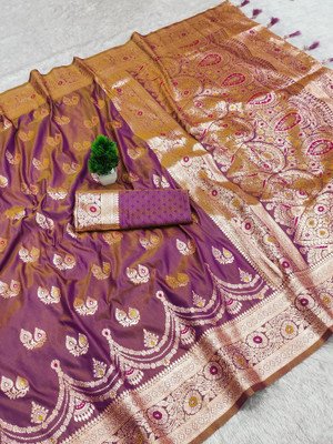 Sindharat Fashion Woven, Embroidered Banarasi Cotton Silk Saree(Purple)