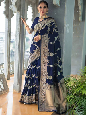 Moda Rapido Woven Daily Wear Silk Blend Saree(Dark Blue)