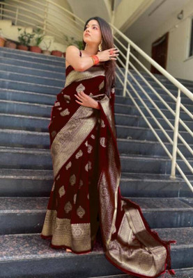 Glemora Self Design Banarasi Jacquard, Art Silk Saree(Maroon, Gold)