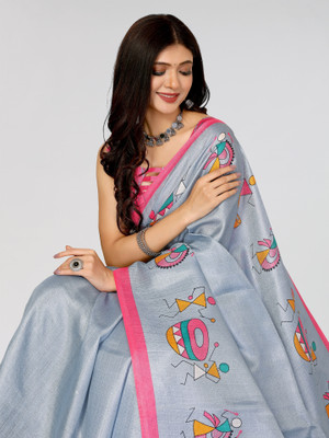 ANIRAV Printed Mysore Art Silk Saree(Grey)