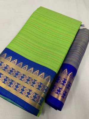 Hensi sarees shop Woven, Temple Border, Striped, Solid/Plain, Checkered, Color Block, Applique, Paisley, Dyed, Ombre Pochampally Cotton Silk, Art Silk Saree(Light Green)