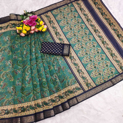 TALADARA Paisley, Floral Print, Printed, Woven Bollywood Cotton Silk Saree(Light Green)