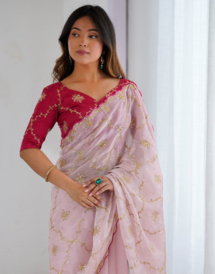 Satrani Embroidered, Embellished Bollywood Jimmy choo, Tissue Saree(Pink)