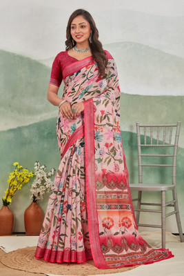 Rashmi Sarees Floral Print Bollywood Linen Saree(Pink)