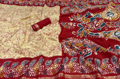 GLAM VILLA Printed Mysore Art Silk Saree(Yellow, Dark Green)