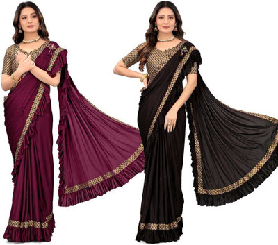 Treshpino Temple Border Bollywood Lycra Blend Saree(Pack of 2, Multicolor)