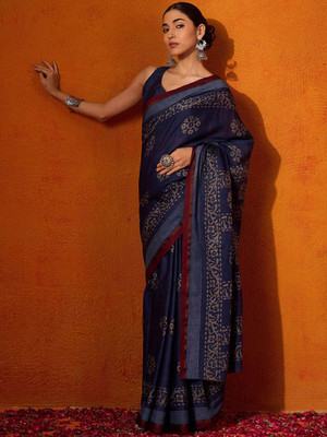 ANOUK Printed Daily Wear Cotton Blend Saree(Blue, Maroon)
