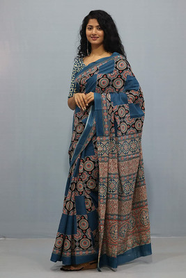 JAIPURI BLOCK PRINT Blocked Printed, Color Block, Dyed, Floral Print, Printed Daily Wear Pure Cotton Saree(Grey)