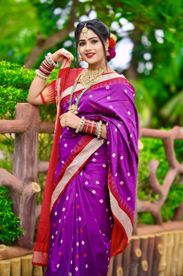 AJMERA FAISHON Temple Border Sambalpuri Cotton Blend Saree(Purple)