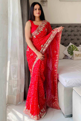 Peachmode Embroidered Bollywood Georgette Saree(Red)