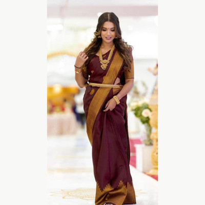 Cipto Printed, Woven Dharmavaram Silk Blend Saree(Maroon)