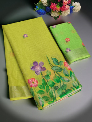 parakhiya fab Floral Print, Printed Daily Wear Cotton Linen Saree(Light Green)