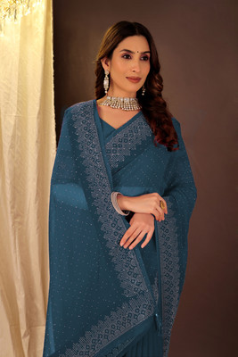 Suali Embroidered, Embellished Bollywood Georgette Saree(Blue)