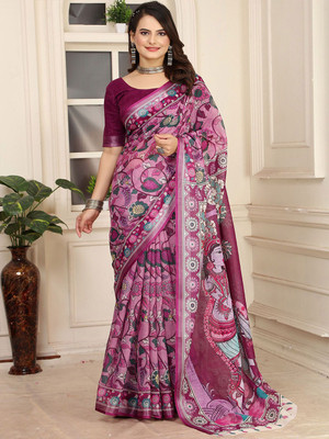 ANOUK Floral Print Saree with Attached Blouse Linen Saree(Red)