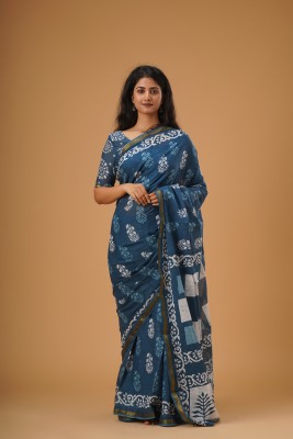 KRISHNA FASHION Printed Daily Wear Pure Cotton Saree(Blue)