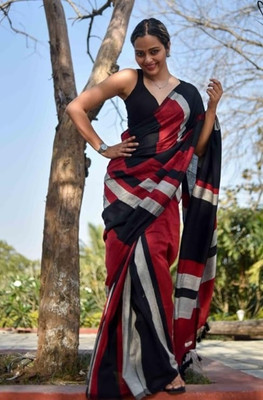 BRYNBRIT Color Block Handloom Cotton Blend Saree(Black)