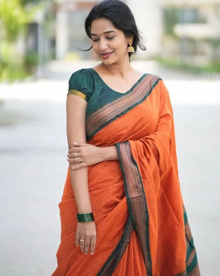 MAHADEV ENTERPRISE Woven Banarasi Cotton Blend, Silk Blend Saree(Orange)