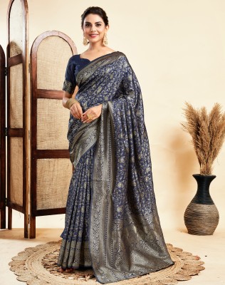 SIRIL Woven, Self Design Kanjivaram Silk Blend Saree(Dark Blue, Gold)