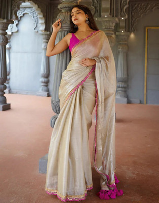 Samah Dyed, Embellished Bollywood Net, Lace Saree(Beige)
