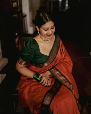 The Style Sanctuary Solid/Plain, Striped, Woven Bollywood Cotton Silk Saree(Yellow)