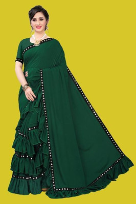 fentik.com Applique, Striped, Embroidered, Paisley, Self Design Leheria Lycra Blend Saree(Green)