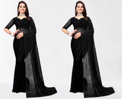 online bazaarr Self Design Bollywood Net Saree(Pack of 2, Black)