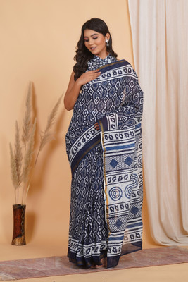 Amania Fab Tex Printed Handloom Pure Cotton Saree(Blue, White)