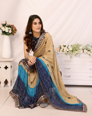 YASHIKA Printed Bollywood Georgette, Lace Saree(Blue)