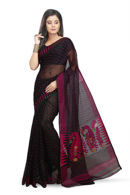 crochetin Woven Jamdani Cotton Blend Saree(Black, Pink)