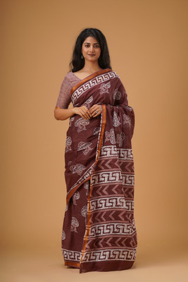 Kiaaron Hand Painted, Printed, Self Design, Blocked Printed Ikkat Pure Cotton Saree(Maroon)
