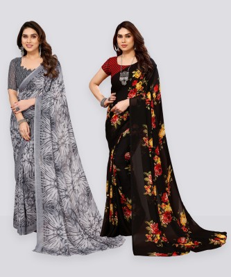 Anand Sarees Floral Print, Polka Print, Ombre, Printed Bollywood Georgette Saree(Pack of 2, Black, Grey)