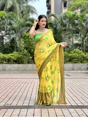 RAJ DARBAR Digital Print Bandhani Crepe Saree(Yellow)