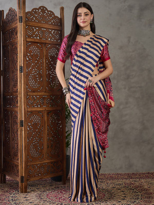 HouseOfCommon Striped, Digital Print Bollywood Silk Blend Saree(Dark Blue, Cream)