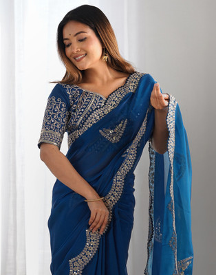 Samah Embroidered Bollywood Organza Saree(Blue)