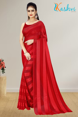 Kashvi Striped Bollywood Satin Saree(Red)