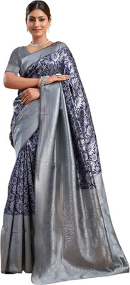 Pranjal Woven Banarasi Silk Blend Saree(Grey)