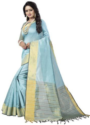 Leeza Store Solid/Plain, Self Design Kasavu Silk Blend Saree(Blue)