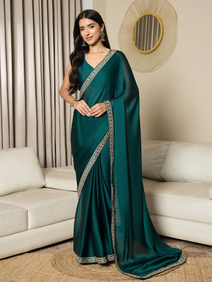 Akhilam Solid/Plain Bollywood Satin Saree(Green)