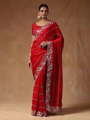 Sareemall Embroidered Bollywood Satin Saree(Red)