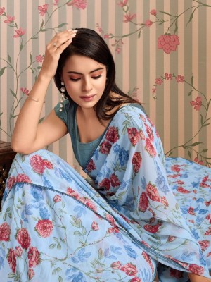 Ode by House of Pataudi Printed Bollywood Georgette Saree(Light Blue)