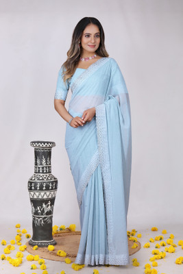 K D F Embellished, Self Design Bollywood Georgette Saree(Light Blue)