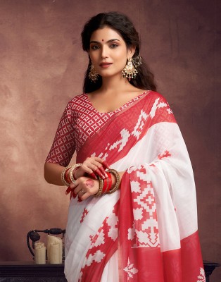 Samah Geometric Print, Embellished Baluchari Cotton Silk Saree(White, Red)