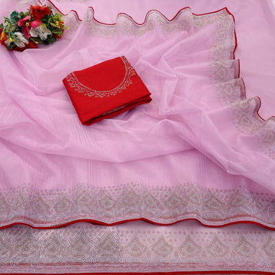 HouseOfCommon Embellished, Solid/Plain Bollywood Supernet Saree(Pink)