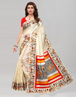 Divastri Printed Madhubani Silk Blend Saree(White, Multicolor)
