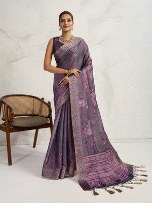 RekhaManiyar Printed Saree with Attached Blouse Silk Blend Saree(Purple)