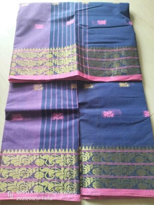 p fashion Self Design Tant Pure Cotton Saree(Blue, Pink)