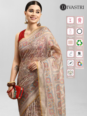 Divastri Printed Kalamkari Cotton Blend Saree(Multicolor)