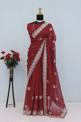 Dk Trendz Embroidered Bollywood Organza Saree(Red)