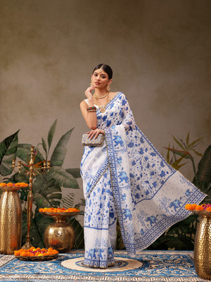 SILK ZONE Printed Chanderi Cotton Blend Saree(White)